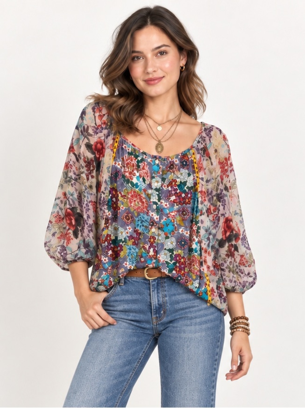Ivy Jane Floral Bird Print Blouse Medium Sheer Batwing Sleeve Boho Made in USA